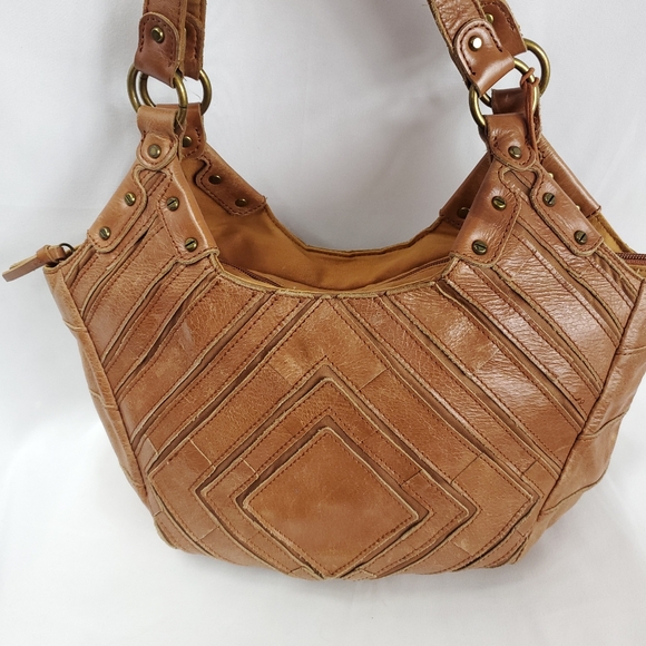 The Sak Leather Patterned Shoulder Bag Brown Leather Zipper Top - Picture 2 of 15